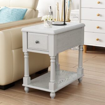 Solid Wood Narrow End Table with Drawer, Sofa Side Table with Storage Shelves, Slim Beside Table ,Telephone for Small Spaces, Living Room, Easy Assembly 22" x 13" x 22.7" AntiqueWhite BBJ004RW